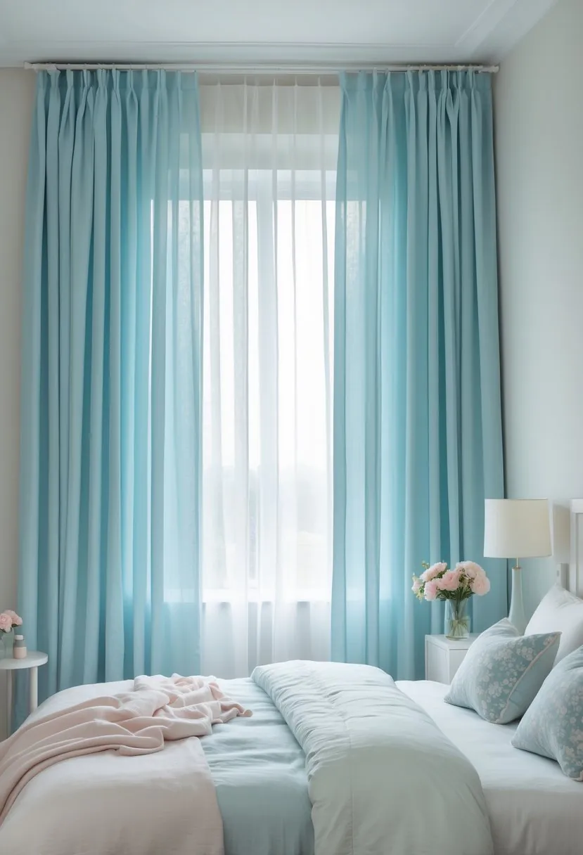 A bright bedroom with pastel blue curtains covering a large window and a neatly made bed with light-colored bedding.