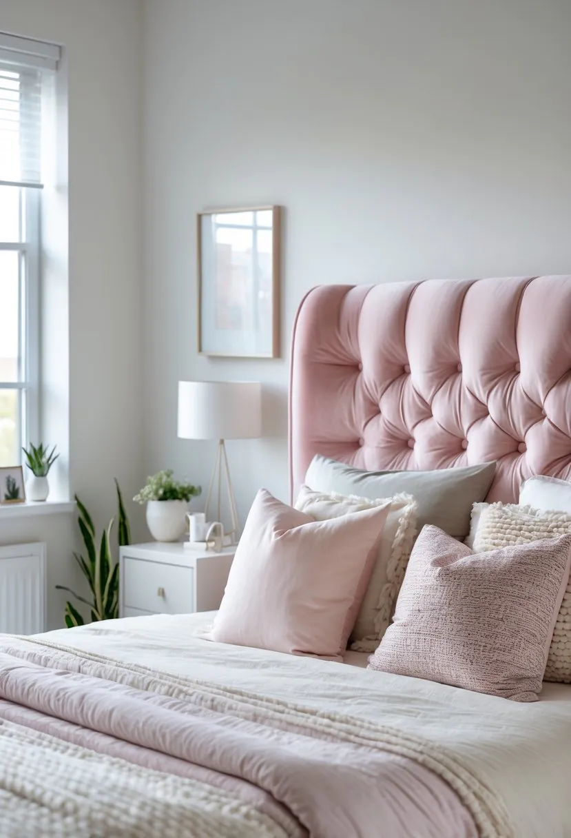 A bedroom with a powder pink upholstered headboard, pastel bedding, and soft natural light coming through a window.