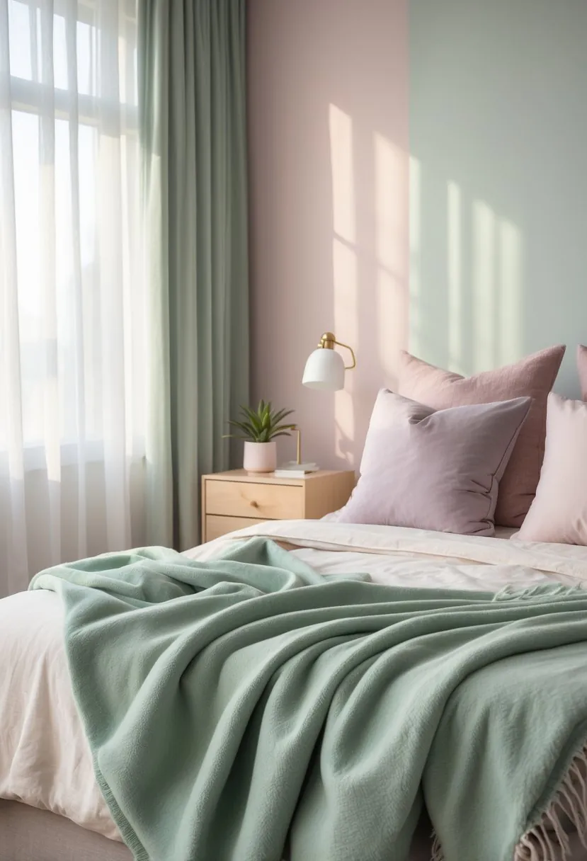 A neatly made bed with a sage green throw blanket in a softly lit bedroom with pastel-colored walls and pillows.