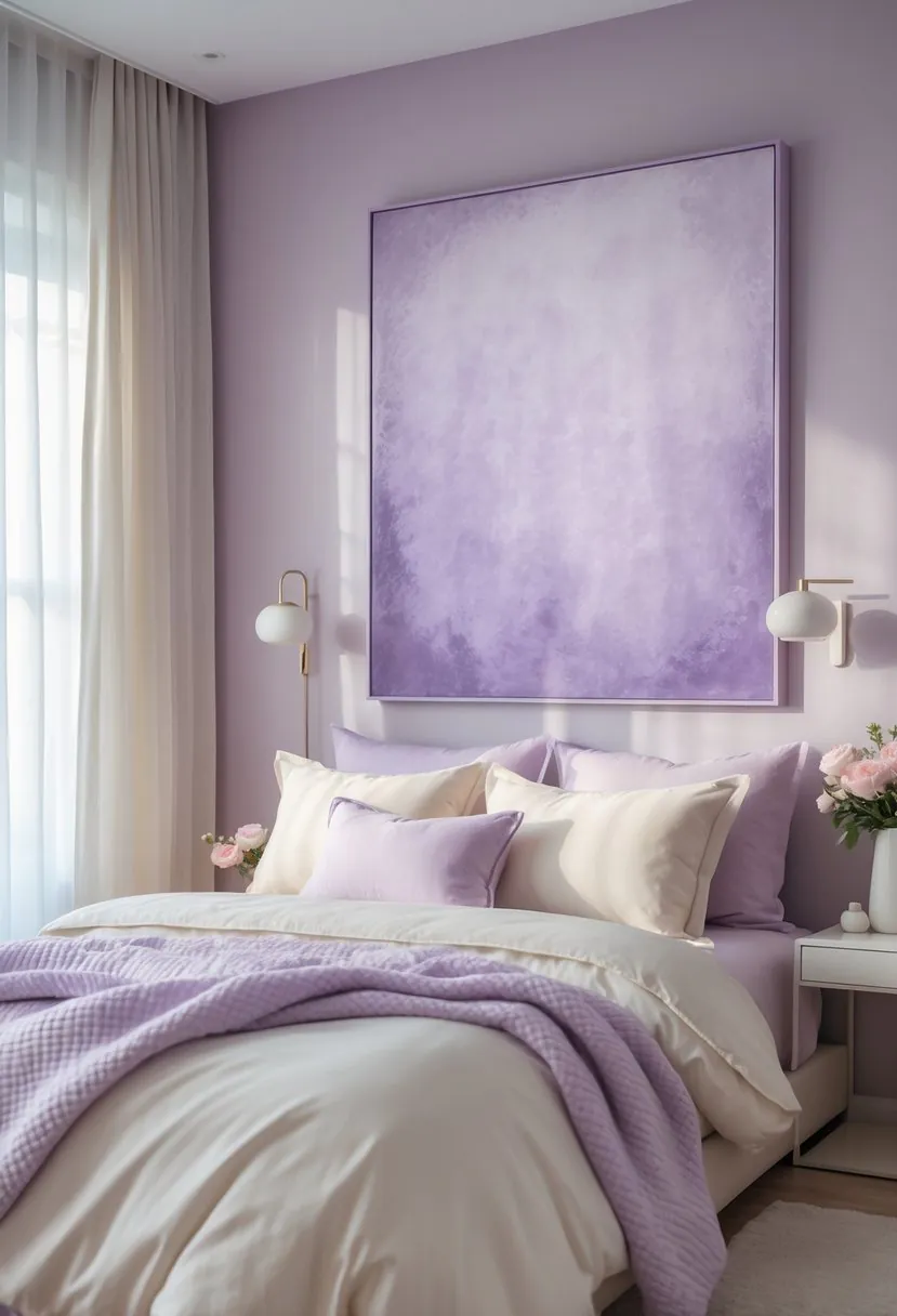 A bedroom with a bed, muted lilac wall art above it, soft bedding, a bedside table with a lamp and flowers, and natural light coming through curtains.