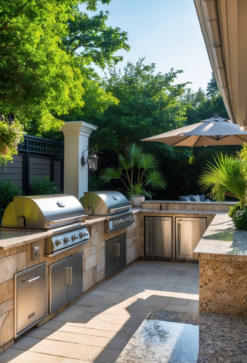 Outdoor kitchen with granite countertops, grill, and seating area surrounded by plants.