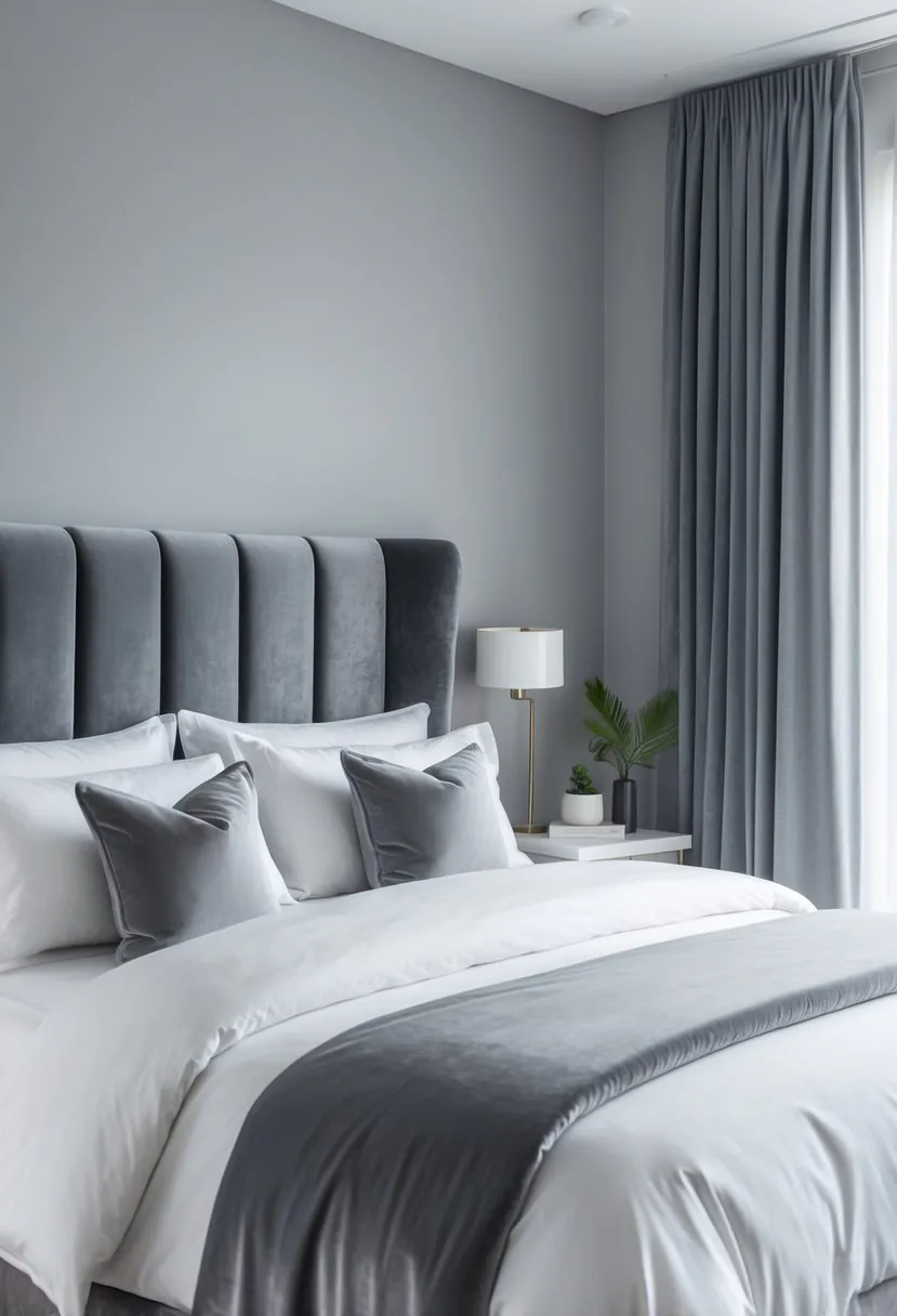 A bedroom with a grey velvet upholstered headboard, a neatly made bed with white linens, and soft natural light coming through sheer curtains.