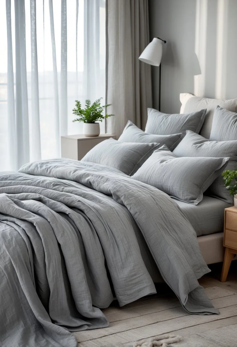 A bedroom with a neatly made bed covered in soft grey linen bedding, natural light coming through a window, and a wooden nightstand with a small plant.
