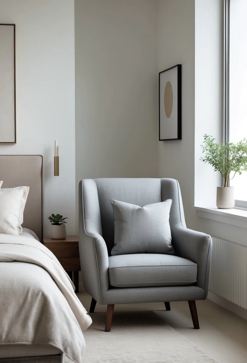 A grey armchair next to a bed in a bright bedroom with a nightstand and a small plant.