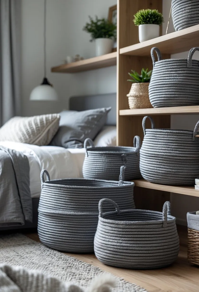 A bedroom with grey woven storage baskets on wooden shelves near a bed with grey linens and a small plant on a bedside table.