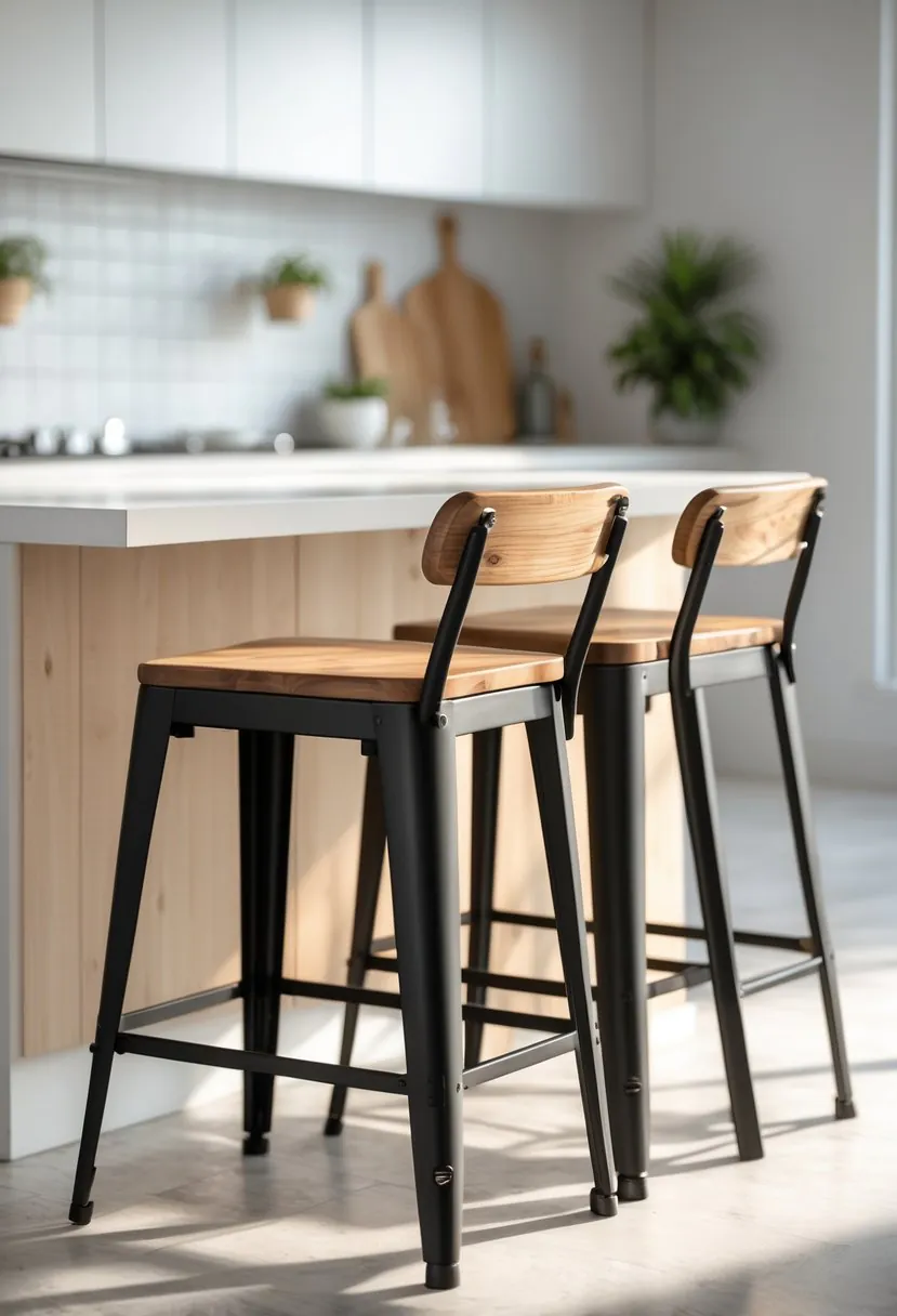 Three industrial metal frame stools with wooden seats arranged around a kitchen island in a modern kitchen.