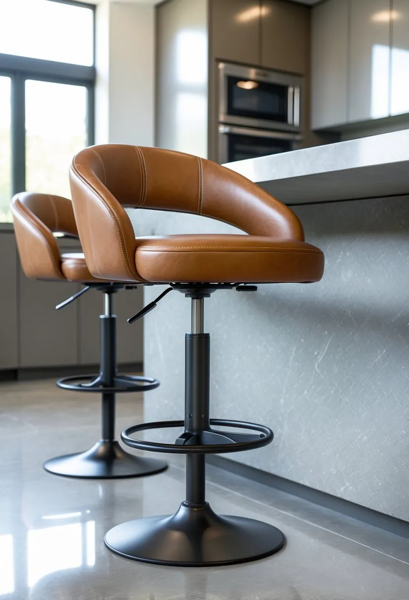 A kitchen island surrounded by adjustable height swivel stools with leather seats.