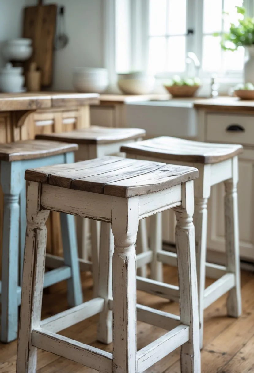 A set of wooden kitchen stools with worn paint arranged around a kitchen island in a softly lit kitchen.
