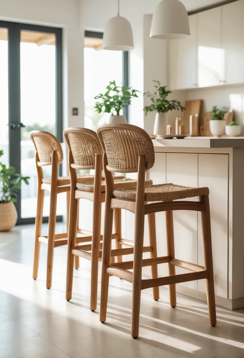 Backless counter stools with woven rattan seats arranged around a kitchen island in a modern kitchen.