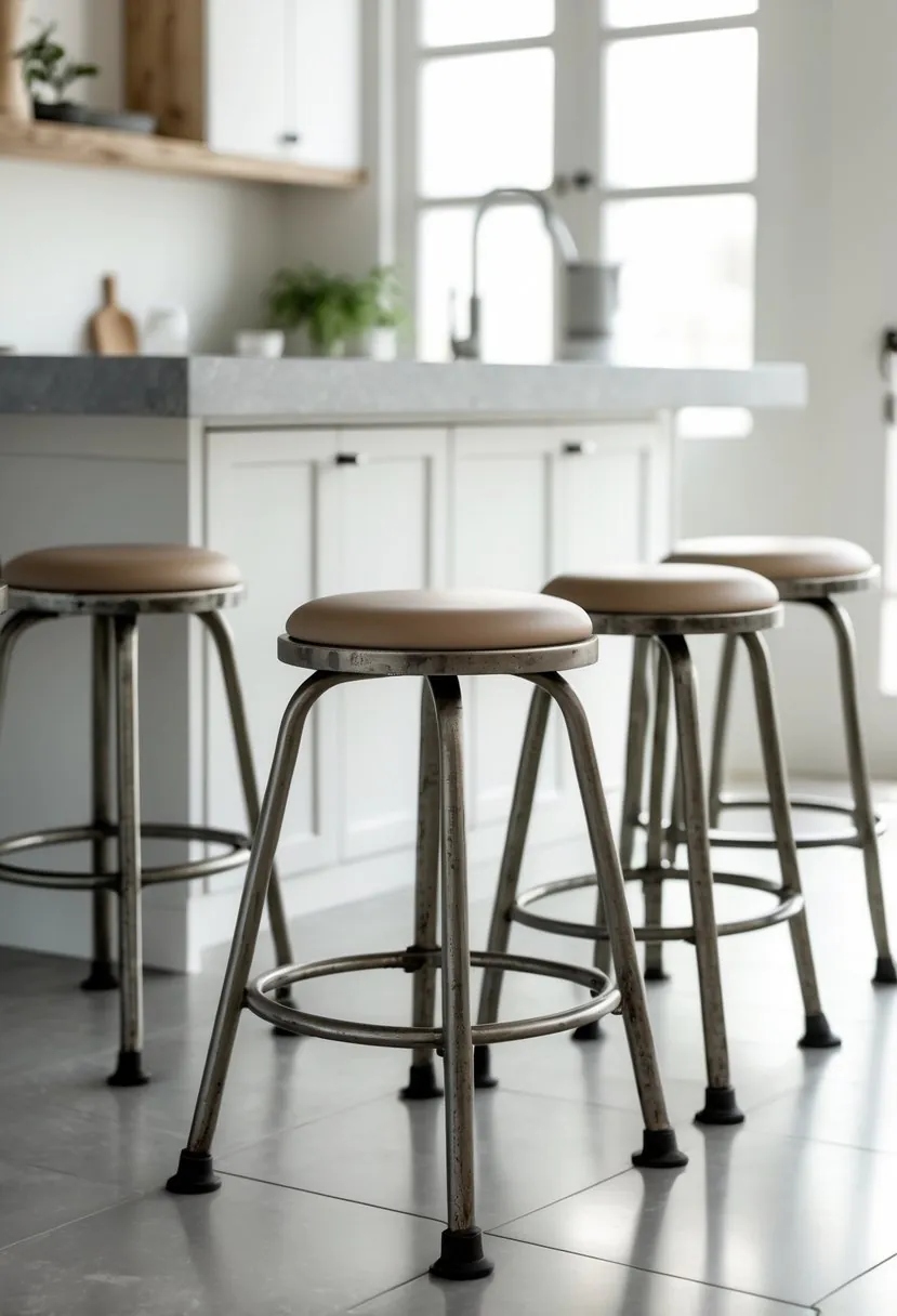 A set of metal kitchen stools with rubber foot caps arranged around a kitchen island in a bright kitchen.
