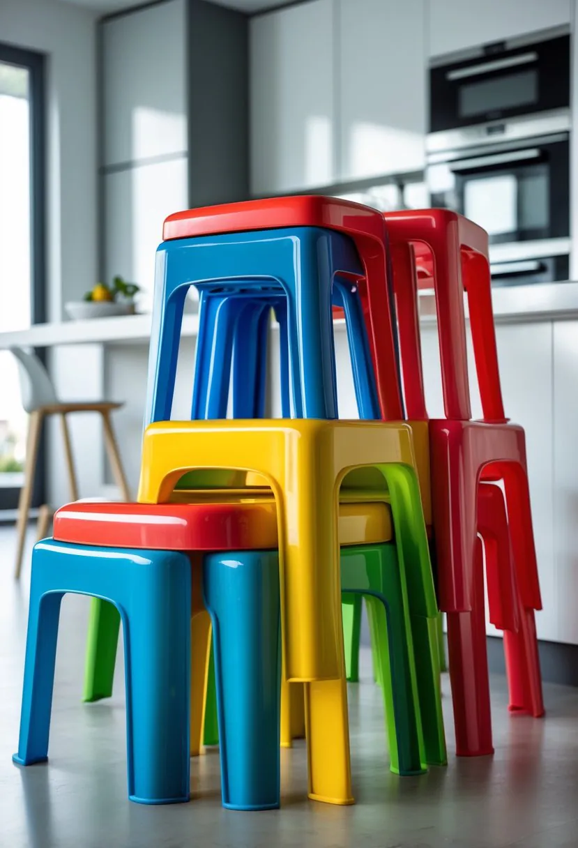 Stacked colorful plastic stools in a bright modern kitchen near a kitchen island.