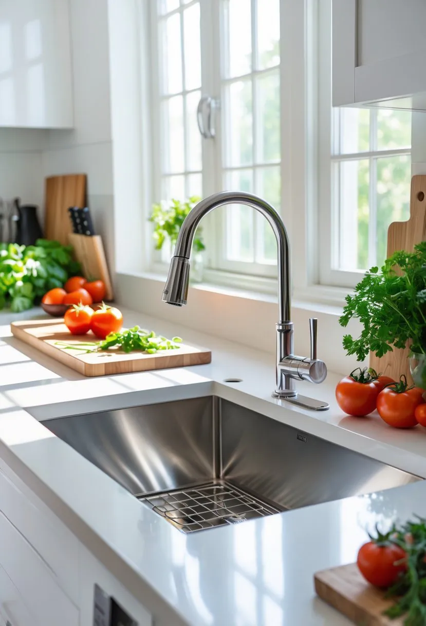A modern kitchen with an undermount stainless steel sink integrated into a countertop, surrounded by fresh vegetables and kitchen utensils.