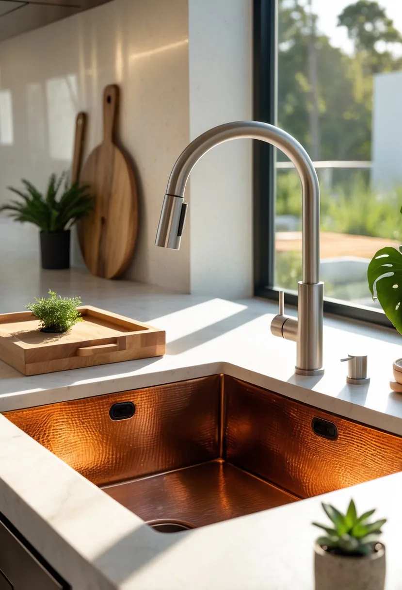 A kitchen countertop with a copper handmade sink and a stainless steel faucet surrounded by kitchen accessories.