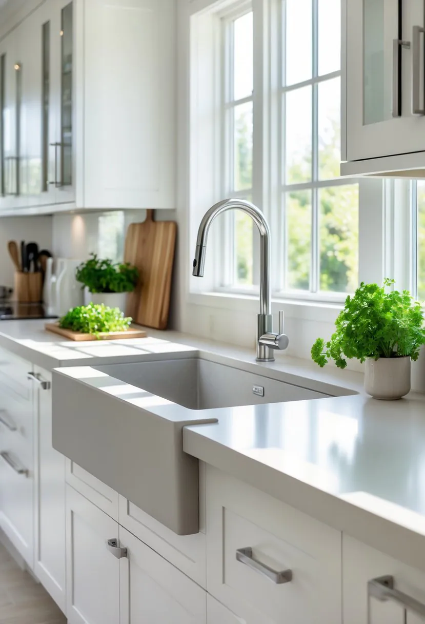 A modern kitchen with an integrated quartz sink built into the countertop, surrounded by kitchen utensils and fresh herbs.
