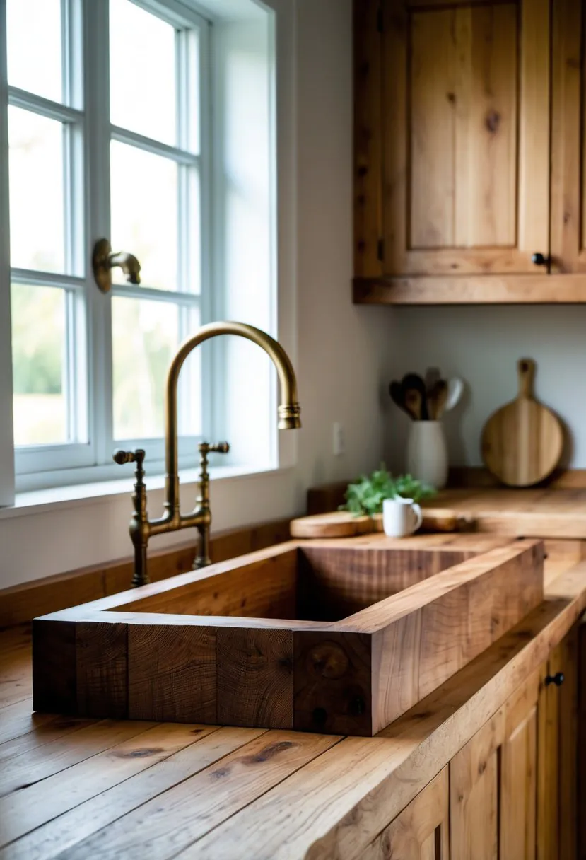 A rustic kitchen with a wooden butcher block sink integrated into a wooden countertop, featuring a brass faucet and natural light from a window.