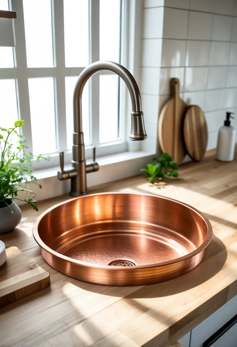 A round copper bar sink installed on a wooden countertop in a modern kitchen with a faucet, plant, and kitchenware nearby.