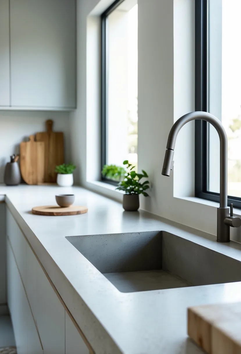 A modern kitchen with a large industrial concrete sink and stainless steel faucet on a minimalist countertop, surrounded by kitchen accessories and natural light.