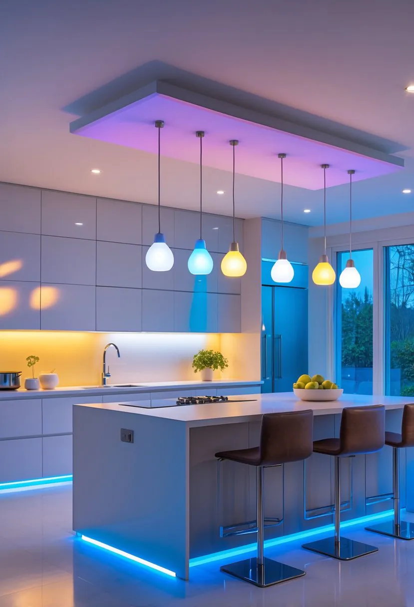 Modern kitchen with colorful smart pendant lights illuminating the kitchen island and surrounding area.