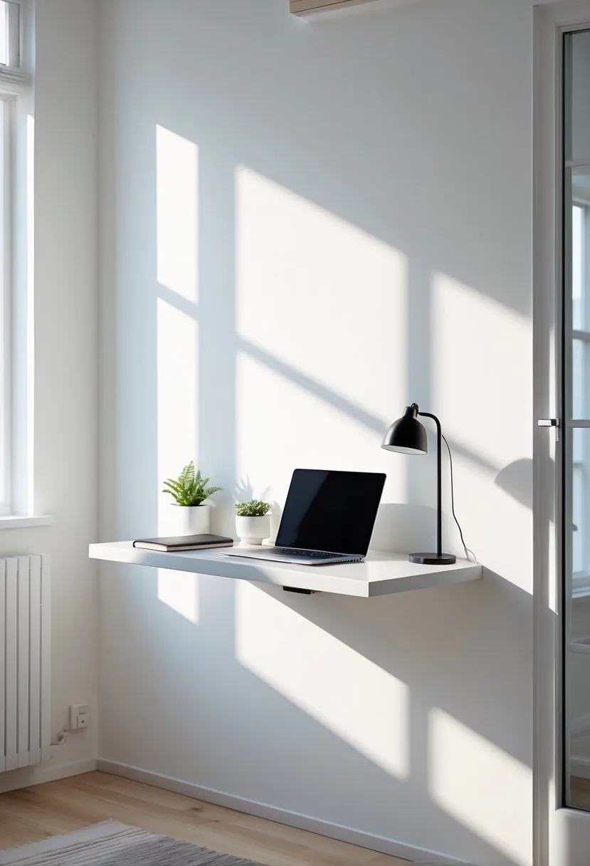 A small floating wall-mounted desk with a laptop, plant, and lamp in a bright, tidy room.