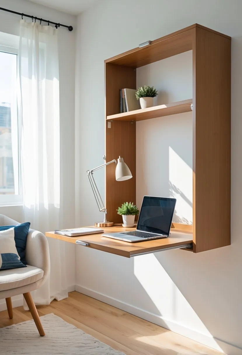 A small fold-down desk open on a wall with a laptop, plant, notebook, and lamp in a bright room with a chair nearby.