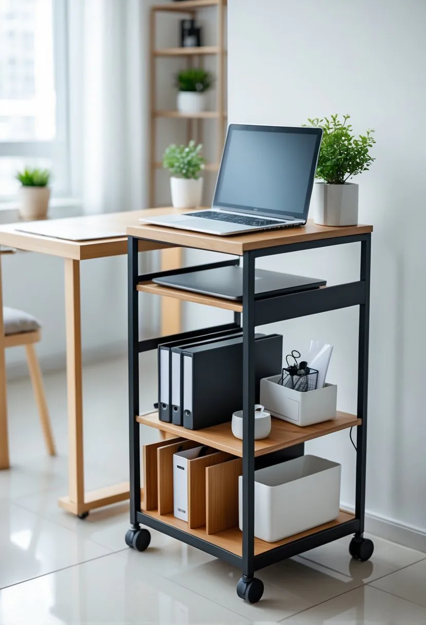 A rolling laptop cart with storage next to a small desk in a bright home office.