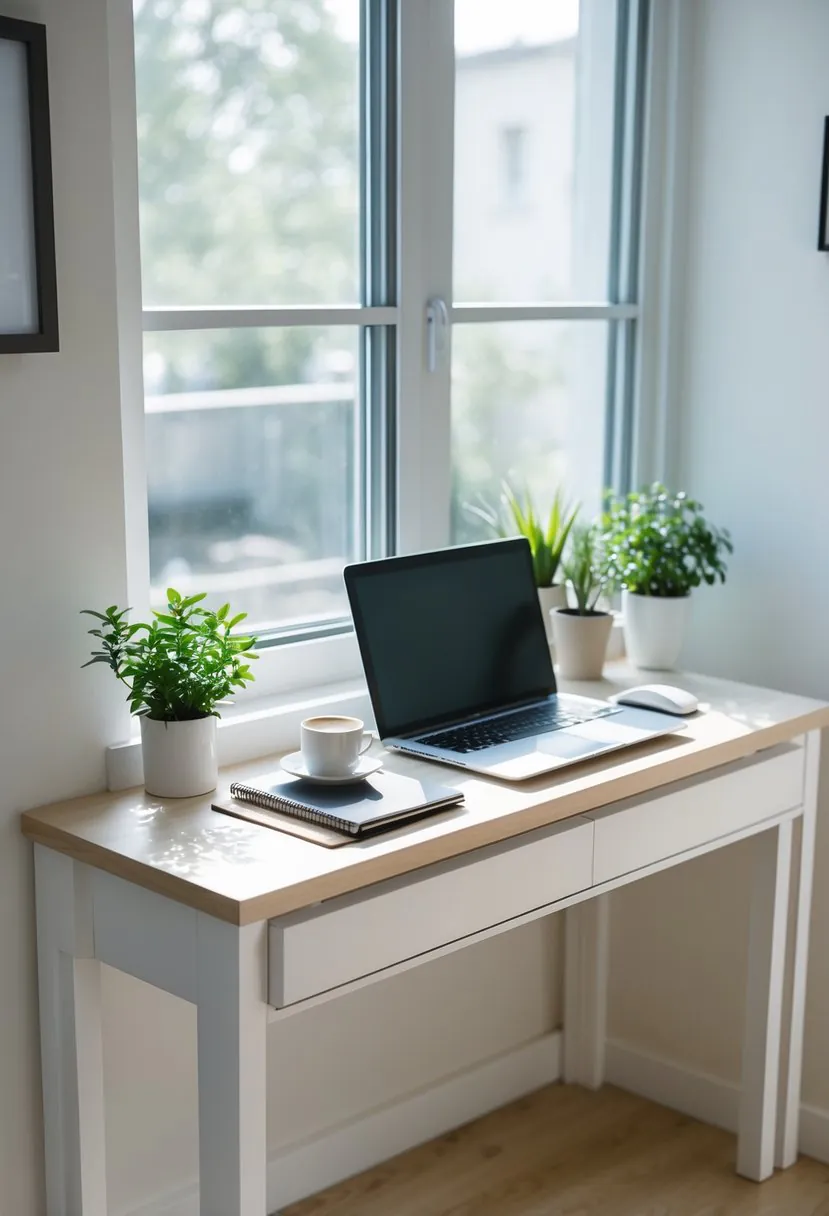 A narrow console desk under a window with a laptop, plant, notebook, and coffee cup in a bright, tidy room.