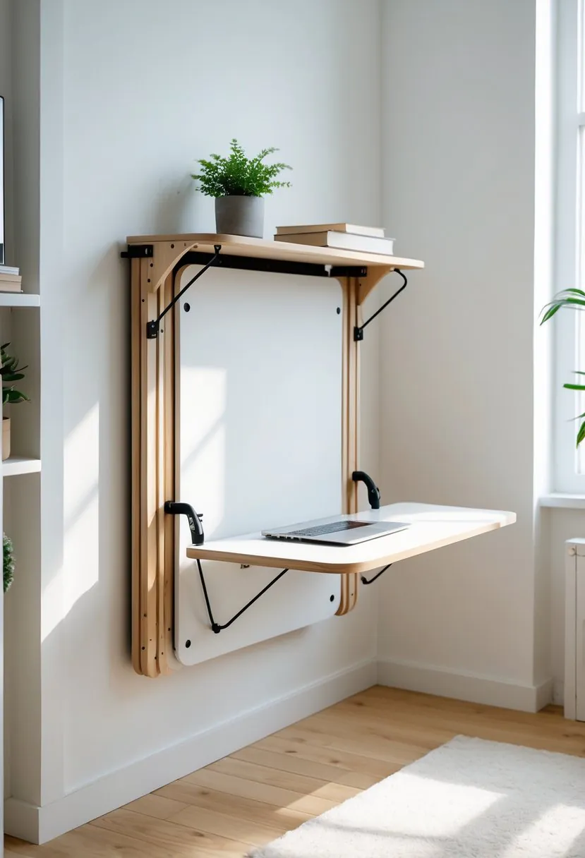 Wall-mounted foldable ironing board desk unfolded in a small bright room with a laptop, books, and a plant nearby.