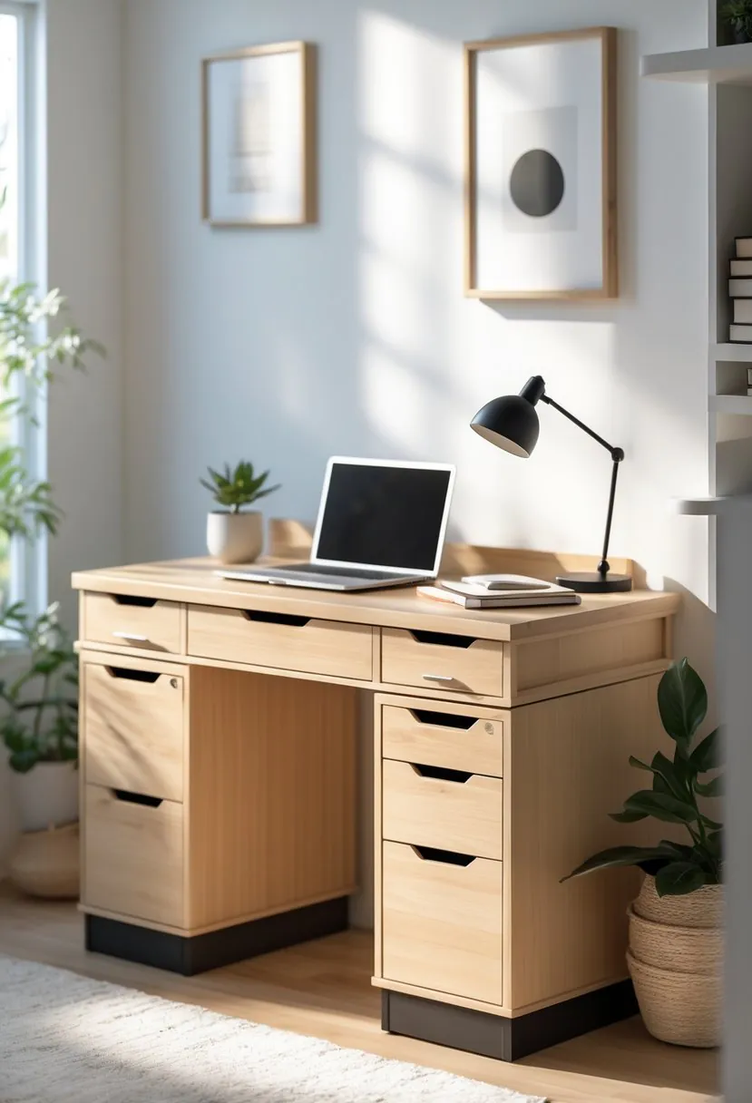 A compact writing desk with drawers in a bright home office, featuring a laptop, plant, lamp, and notebooks on the desk.