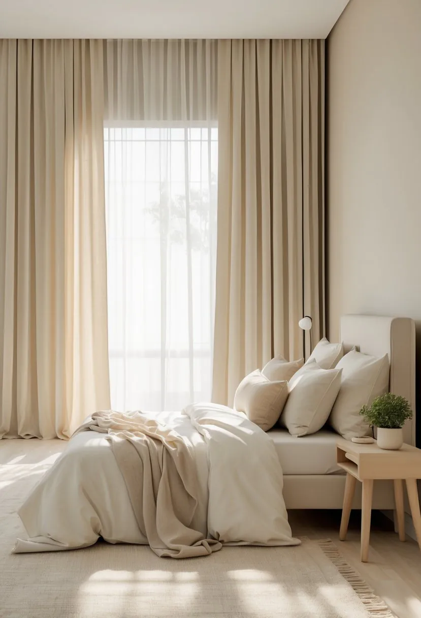 A bedroom with a bed, pillows, a nightstand with a plant and lamp, and light coming through curtains.