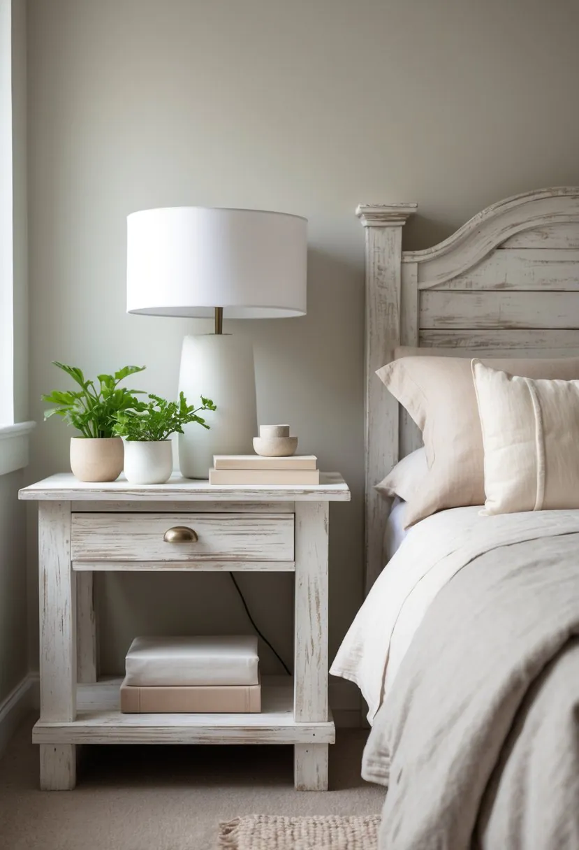 A bedroom with whitewashed bedside tables next to a neatly made bed with neutral-colored bedding and simple decor.
