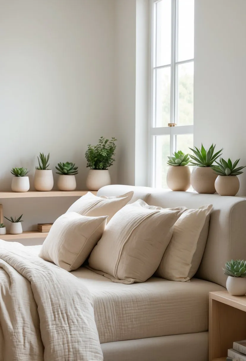 A bedroom with a bed, neutral bedding, wooden furniture, and several small potted succulents adding greenery.