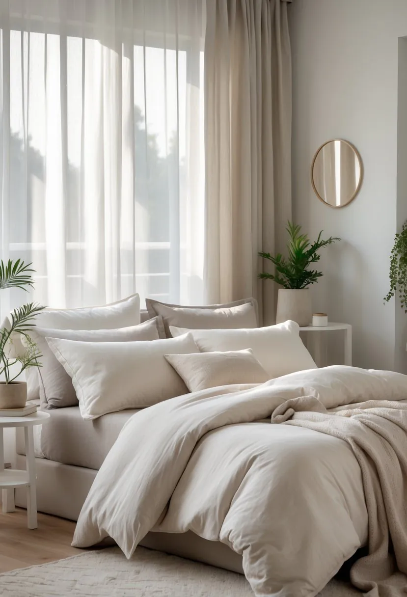 A neatly made bed with light-colored cotton duvet covers in a softly lit bedroom with neutral tones and simple furnishings.