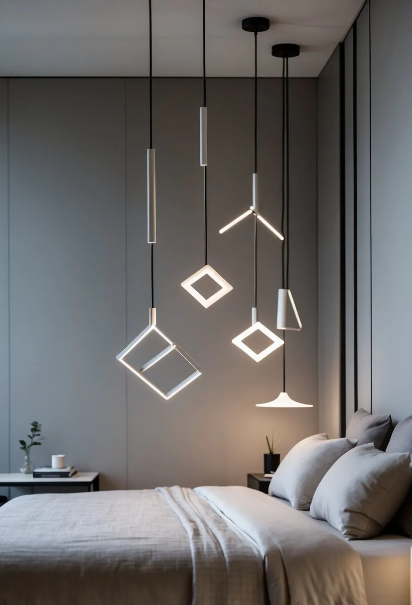 A modern bedroom with a neatly made bed and hanging pendant lights illuminating the space.