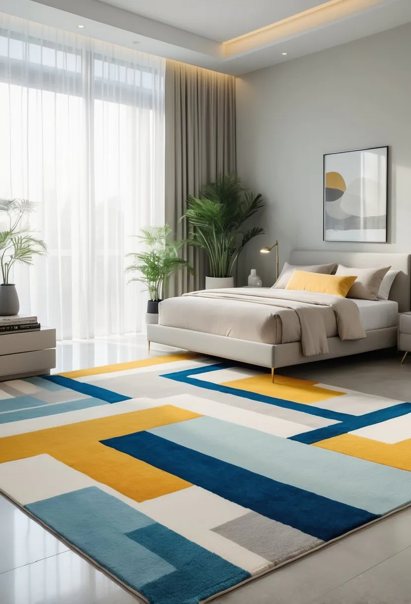 A bedroom with a bed, geometric-patterned rug on the floor, nightstands, and natural light coming through windows.