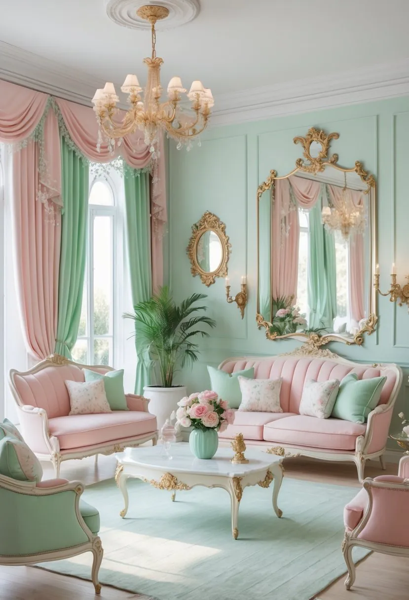 A bright living room with blush pink and mint green furniture, floral cushions, large windows, and decorative accents on a light hardwood floor.