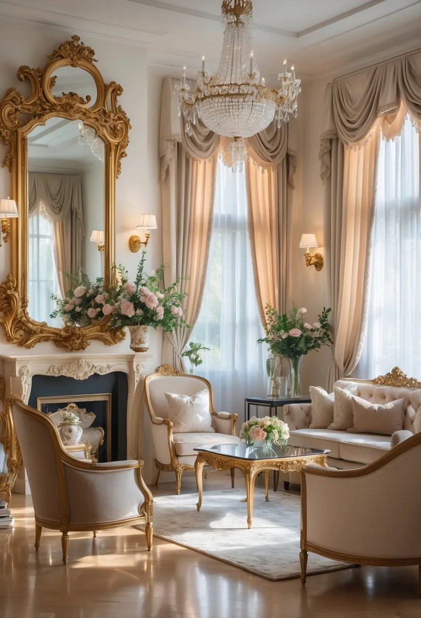 A luxurious living room with large ornate mirrors, comfortable seating, a glass coffee table, and soft natural light coming through tall windows.