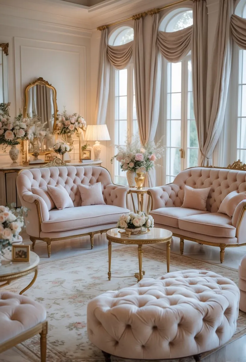 A living room with velvet tufted sofas featuring curved backs, soft cushions, decorative mirrors, and floral arrangements under natural light.