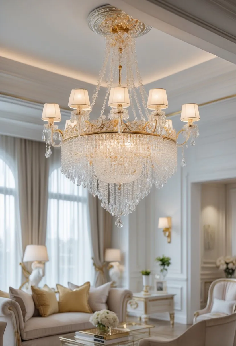A bright living room with a detailed crystal chandelier hanging from the ceiling above comfortable seating and elegant furnishings.