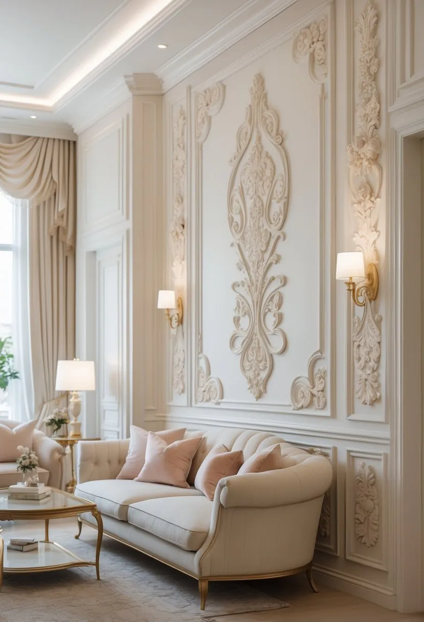 A bright, elegant living room with detailed wall moldings, comfortable seating, and soft natural lighting.