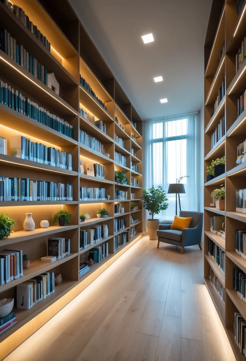 A library room with built-in wall shelves illuminated by integrated lighting, filled with books and decorative items, and a comfortable reading chair nearby.