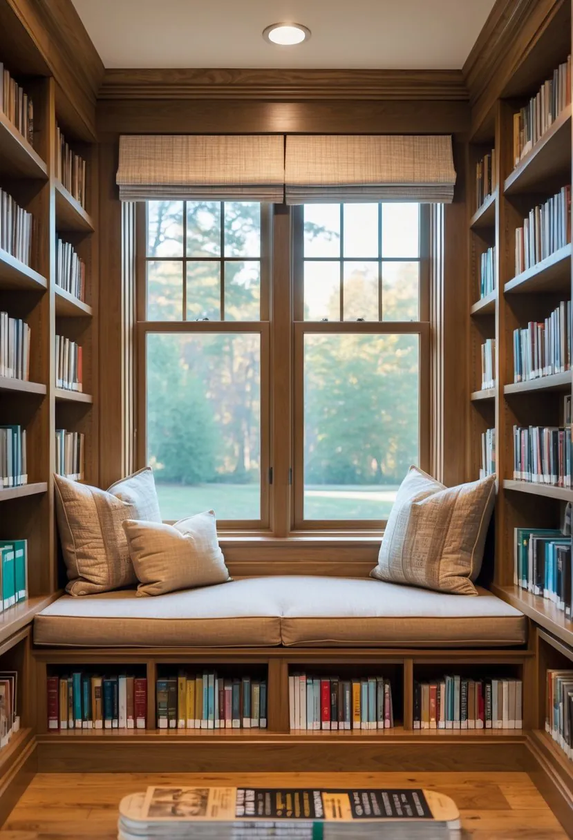 A cozy window seat with cushions and book storage underneath, surrounded by bookshelves filled with books.