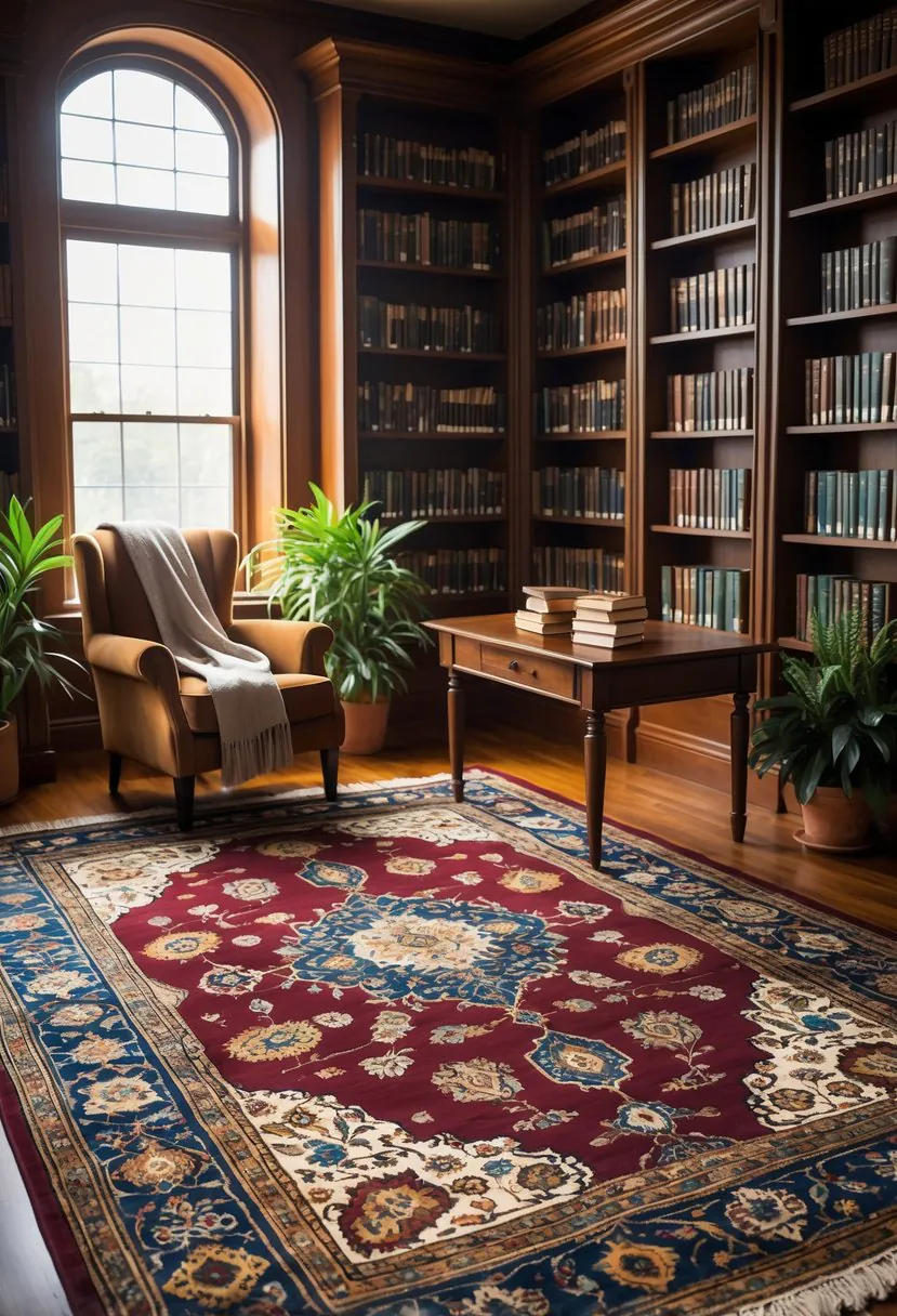 A cozy library room with tall bookshelves, an armchair, a wooden coffee table, and a large patterned rug on the floor.