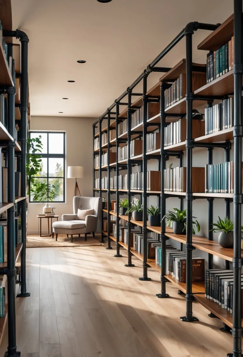 A library room with metal pipe bookcases filled with books and plants, a comfortable armchair, and natural light coming through large windows.