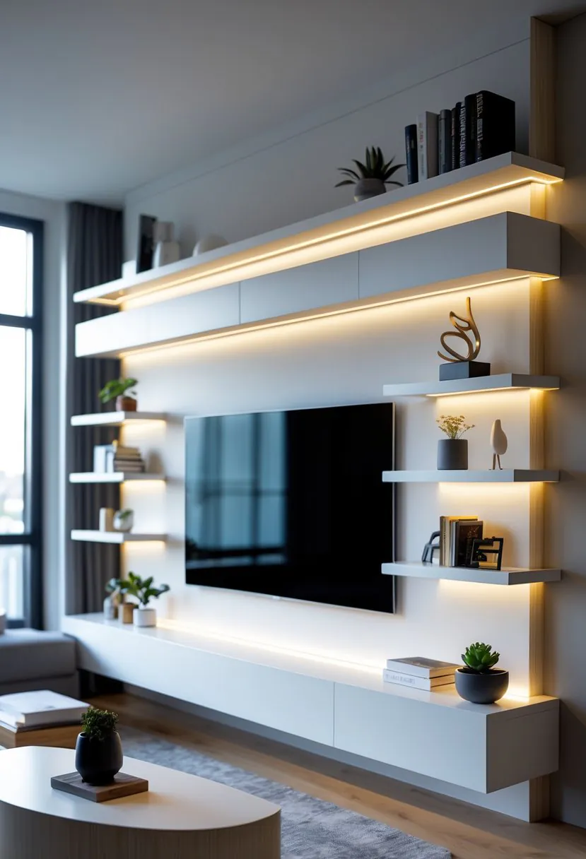 A modern living room media wall with floating shelves featuring integrated LED lights, a large TV, and decorative items on the shelves.