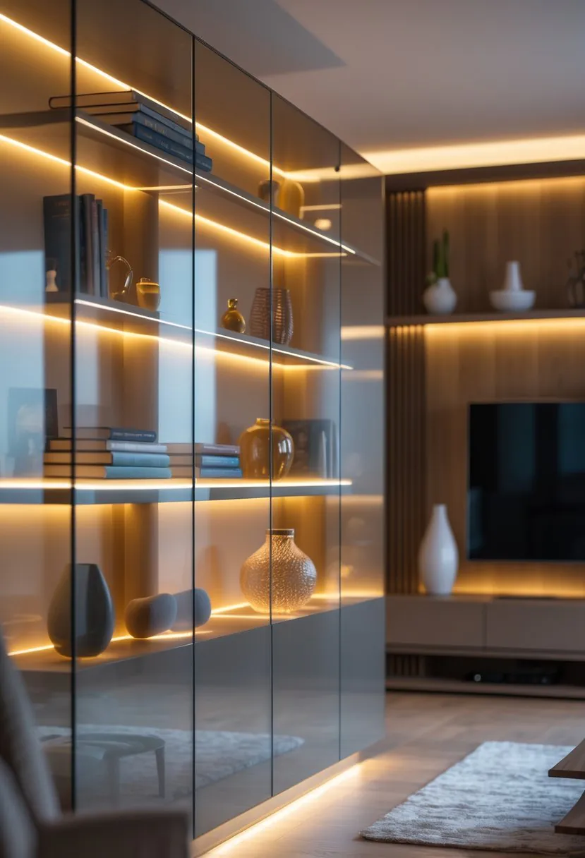 A living room with glass cabinets illuminated by warm ambient lighting, displaying decorative items next to a media wall with a television.