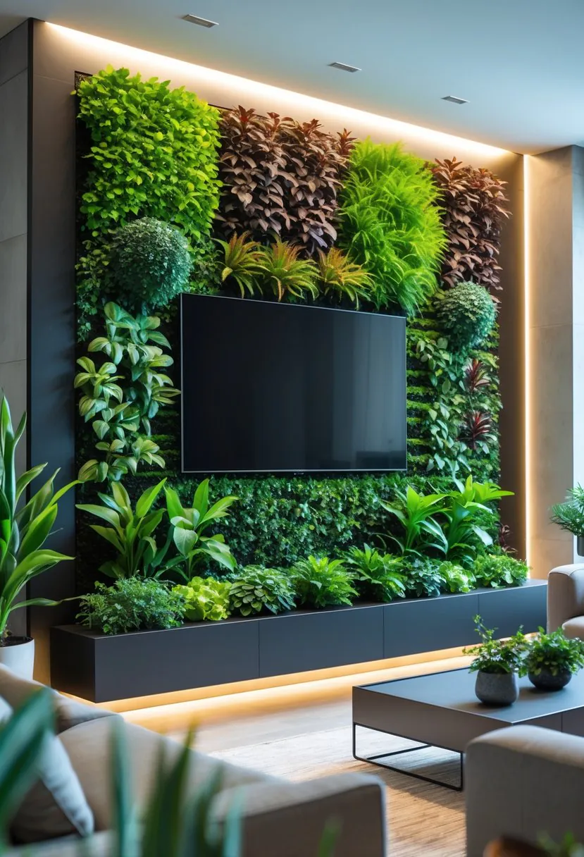 Indoor living room with a flat-screen TV surrounded by a lush vertical garden wall filled with green plants.