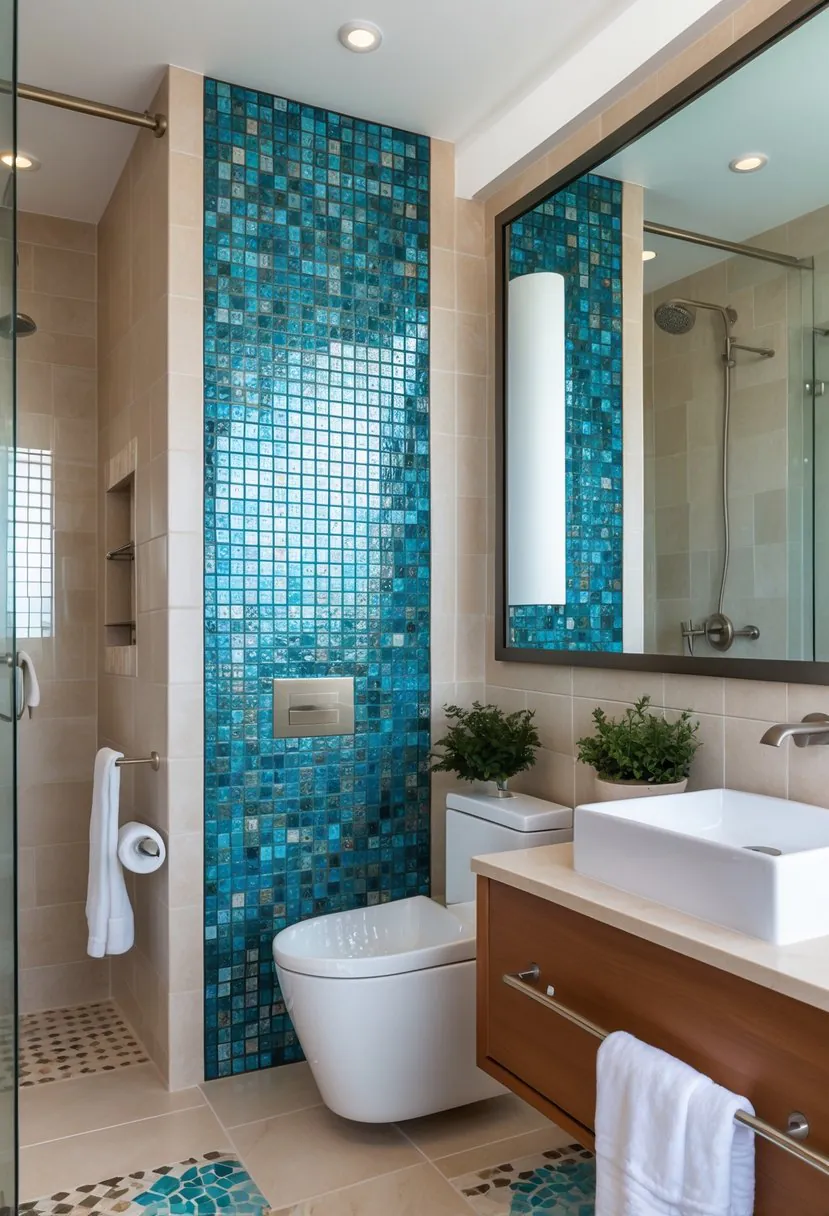 A bathroom interior with mosaic glass tile accents on the wall, a white sink, wooden vanity, and soft natural lighting.