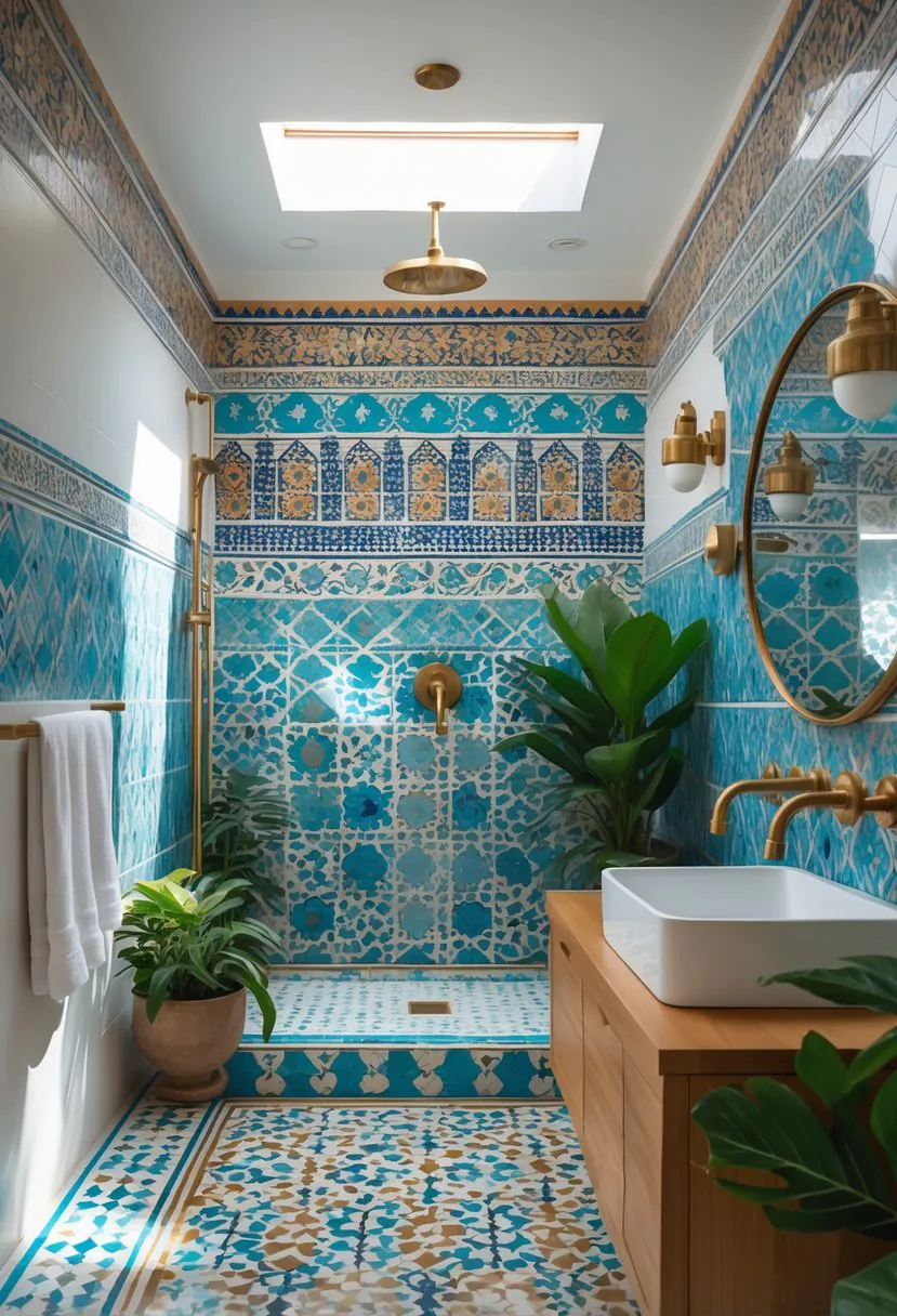 A bright bathroom with colorful patterned tiles on the walls and floor, featuring a walk-in shower, sink, and plants.