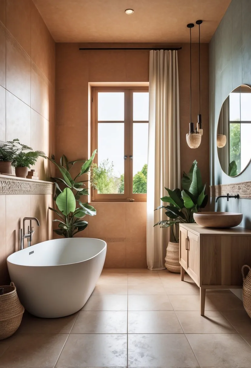 A modern bathroom with matte porcelain tiles on the walls and floor, featuring a white bathtub, wooden vanity, green plants, and soft natural light.