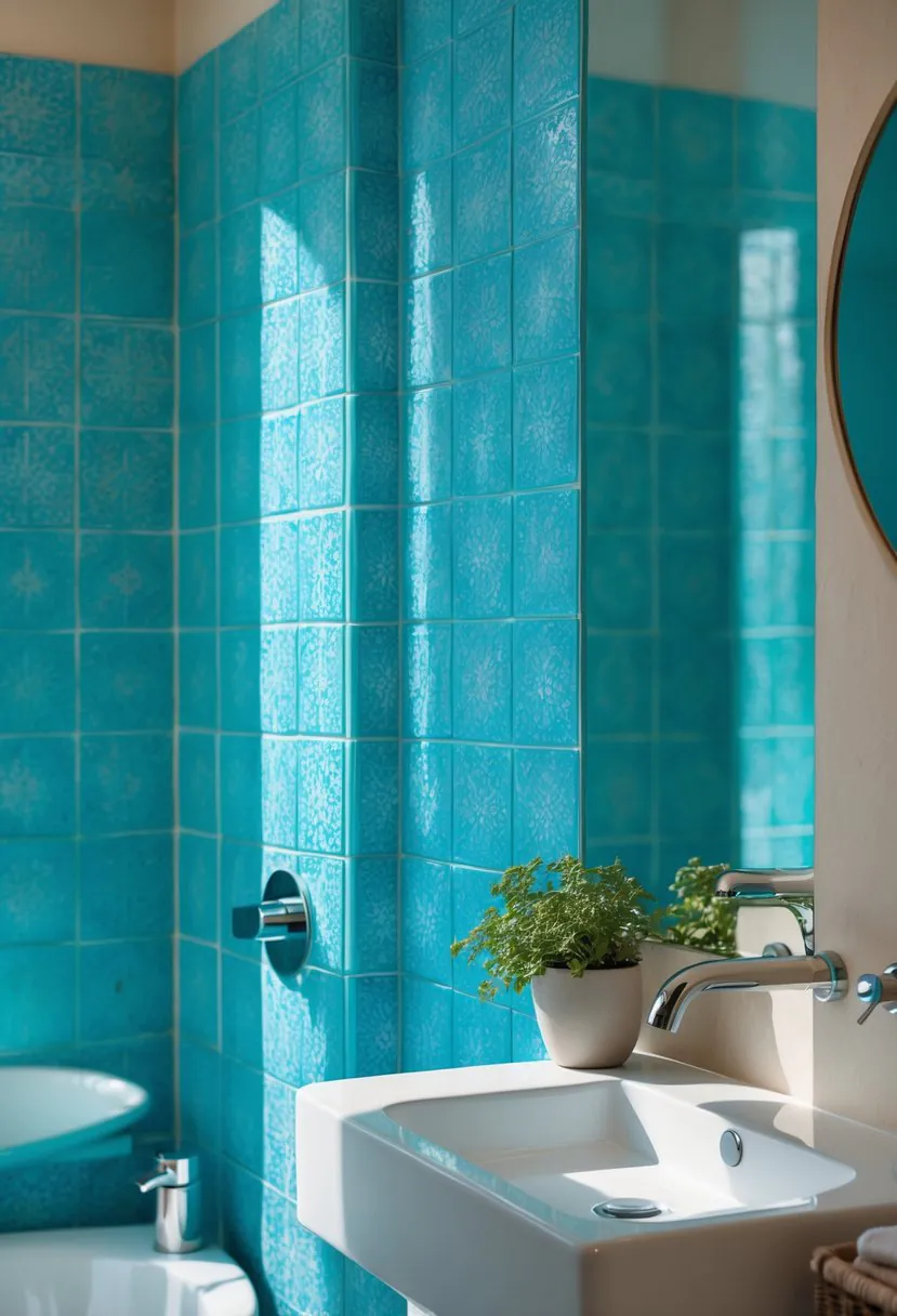 A bathroom wall with bright aqua patterned tiles, a white sink with chrome fixtures, a small green plant, and natural light illuminating the space.